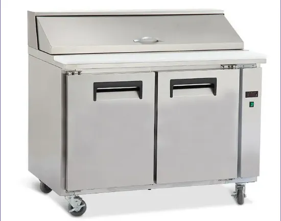 Picture of Stainless steel pizza and salad bar fridge for commercial use.